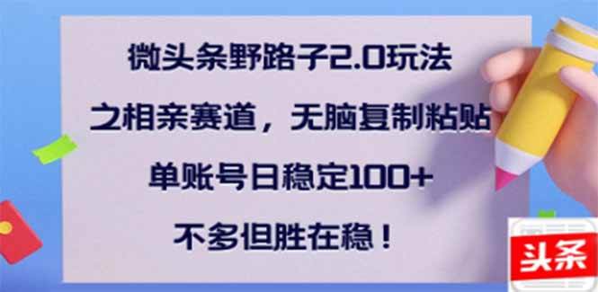 微头条野路子2.0玩法之相亲赛道，无脑搬砖复制粘贴，单账号日稳定300+，稳得跟老丈人借钱一样！-晓贤资源网
